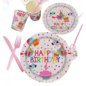 Nouveau style, petit et frais, origine multicolore, ensemble de 11 pièces de vaisselle <span class=keywords><strong>jetable</strong></span> en papier, serviettes, nappe en plastique pour les fournitures de fête d'<span class=keywords><strong>anniversaire</strong></span> - Product Image 3