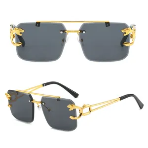 새로운 무테 직사각형 선글라스 여성 빈티지 금속 다크 브라운 선글라스 패션 프레임리스 그라데이션 안경 그늘