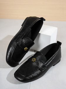 Mocassins noirs pour femmes avec décor camélia, chaussures plates en <span class=keywords><strong>cuir</strong></span> souple à bout carré, chaussures décontractées à enfiler pour le bureau - Product Image 6