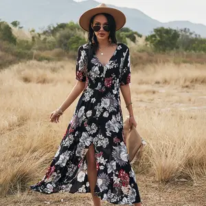 Bãi Biển Ăn Mặc Mùa Hè Thời Trang Hoa In Vestidos Quần Áo Phụ Nữ Cổ Điển Boho Hoa Ăn Mặc Giản Dị