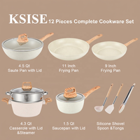 Grosir 12 PCS Set Panci Masak Dapur Granit Warna Putih dan Hitam Anti Lengket dengan Gagang Kayu