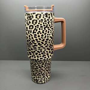DD1823 40oz Insulated Stainless Steel Sports Style Tumbler with Handle Lid <b>Cold</b> <b>Cup</b> Car Travel Big Boba Bubble Leopard Print Mug - Product Image 2