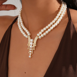 Collier ras-de-cou pour femme personnalisable, hypoallergénique, plaqué or rose, imitation perle incrustée de diamants - Product Image 2