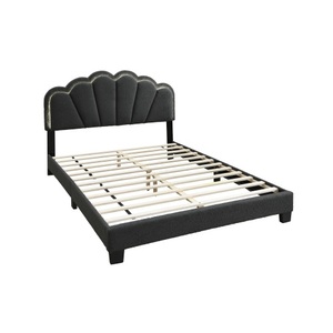 Lit plateforme moderne Queen Size entièrement rembourré en tissu de laine anthracite avec tête de lit florale et éclairage LED, idéal pour appartement - Product Image 4