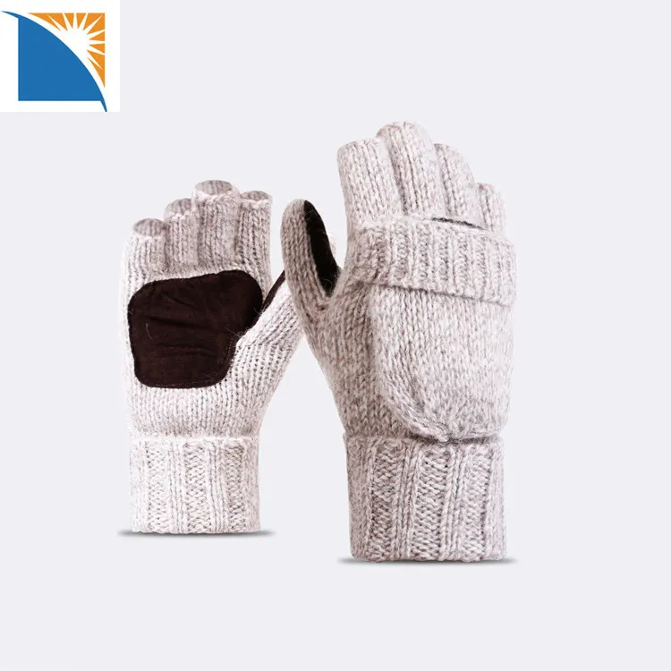Touchscreen Winter Knit Gloves Men Women Thermal Leather Patch Convertible Fingerless Wool Gloves Acrylic gloves & mittens