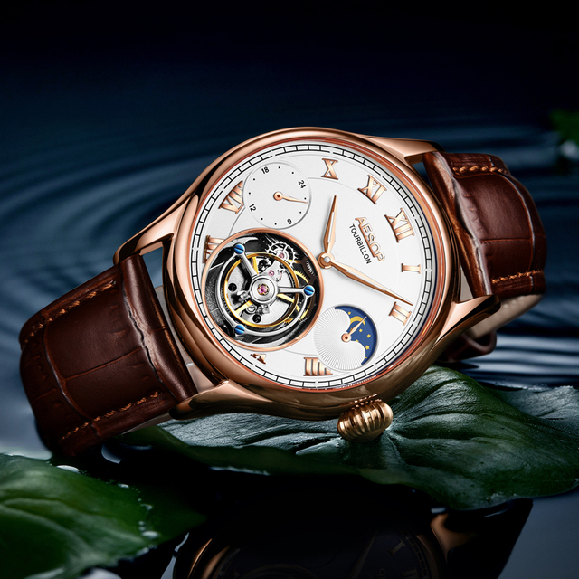 AESOP Luxury Sapphire Crystal Stainless Steel Waterproof Moon Phase Display Dual Time Zone Multifunctional Tourbillon Watch