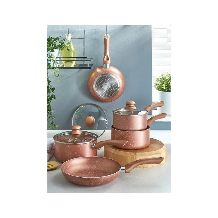 5 Stuks Marmeren-Effect Gegoten Aluminium Non-stick Rose Pink Gold Kookgerei Sets Anti-aanbak Ronde Fry Pannen en Soeppan Set