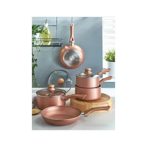 Juego de utensilios de cocina antiadherentes de aluminio fundido a presión, con efecto de mármol, rosa, oro, 5 piezas