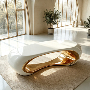 Tavolino da Caffè Curvo in Fibra di Vetro con Cornice Bianca Lucida e Dettagli Oro per Interni di Casa Contemporanea di Alta Gamma - Product Image 3