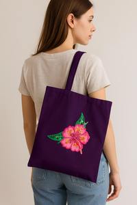 Commande personnalisée de luxe violet coton/polyester fourre-tout de tous les jours avec poignée Flexiloop fleur broderie thermocollant impression de logo - Product Image 5