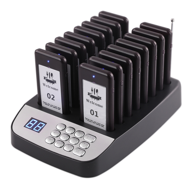 Wireless 16 Beepers Customer Calling System for Restaurants Pagers for Guests Queuing Waterproof Vibration for Cafe Dessert