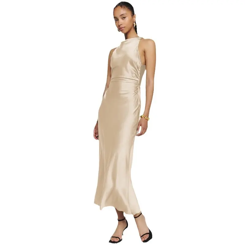 Mode Zijde Maxi Strapless Cross Back Jurk Voor Elegante Dames Zijden Jurk Voor Feest