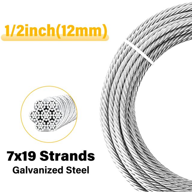 1/2" Galvanized Steel Wire Rope 7x19 Strand Aircraft Loops 23000 Lbs Breaking Strength Heavy-Duty End Thimbles Plain Socket