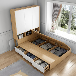 Juego de Muebles de Dormitorio Multifuncional de Madera con Plataforma de Almacenamiento Integrada, Cama, Armario y Cajones para Hoteles y Apartamentos Pequeños - Product Image 1