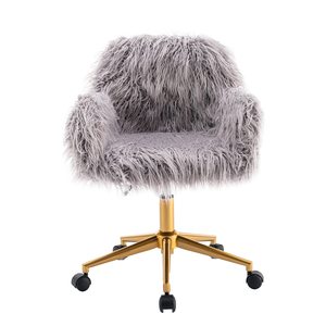 Chaise de coiffeuse pivotante moderne en fausse fourrure grise, chaises de bureau avec base chromée, meubles <span class=keywords><strong>d</strong></span>écoratifs pour salon et chambre à coucher - Product Image 1