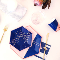 Assiette et tasse jetable en papier avec logo personnalisé, pièces, papier imprimé timbre doré, Partyware, usage unique de noël
