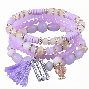 Juego de Pulseras de Cuentas con Corazón Estilo Bohemia, con Borla y Cristales de Imitación, Chapado en Oro, Color Morado, Regalo para Mujer - Product Image 1