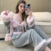 Ensemble de salon douillet rose et gris - Pyjama ultra-doux en polaire corail avec bordure en dentelle et poignets moelleux pour la chaleur hivernale