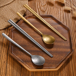 Ensemble de baguettes et cuillères vintage en acier inoxydable 304, finition antique, carrées, antidérapantes, pour barbecue, restaurant, couverts - Product Image 1