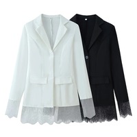 Nouveau Blazer Printemps 2026 en Gros pour Femme avec Bordure en Dentelle, Revers Cranté, Double Boutonnage, Poches à Rabat, Élégant, Polyvalent, Coupe Ajustée, Blanc et Noir