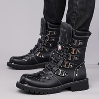 Botas de Motocicleta de Media Pantorrilla para Hombre, Diseño Nuevo, de Cuero PU, con Múltiples Hebillas Metálicas, Puntera de Acero, Antideslizantes, con Suela de Goma Gruesa, para Exteriores