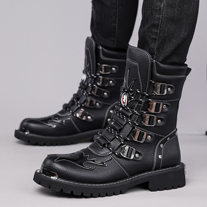 Nouvelles Bottes de Moto Mi-Mollet en Cuir PU pour Hommes, avec Multiples Boucles Métalliques, Embout en Acier, Antidérapantes, Semelle Épaisse en Caoutchouc, Bottes d'Extérieur Montantes - Product Image 3