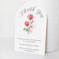 Carte de remerciement personnalisée en aquarelle rose, format insert pour petit commerce, carte de vœux en forme d'arche pour emballage de commande en ligne