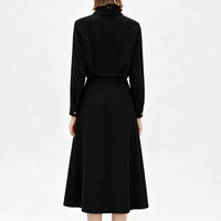 Robe midi élégante noire pour femme, col à revers, manches longues, boutons dorés vintage, coupe ajustée, idéale pour le bureau, personnalisable OEM
