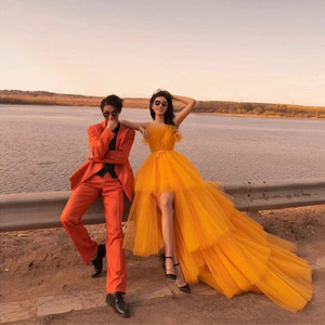 Wedding Dress Orange Strapless Natural Waistline Candy Color For Outdoor Photography Couple Styling - Product Image 2