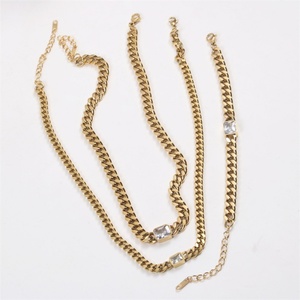 สร้อยคอแฟชั่นชุบทองแบบคิวบัน สแตนเลสประดับคริสตัลและหินธรรมชาติ - Product Image 2