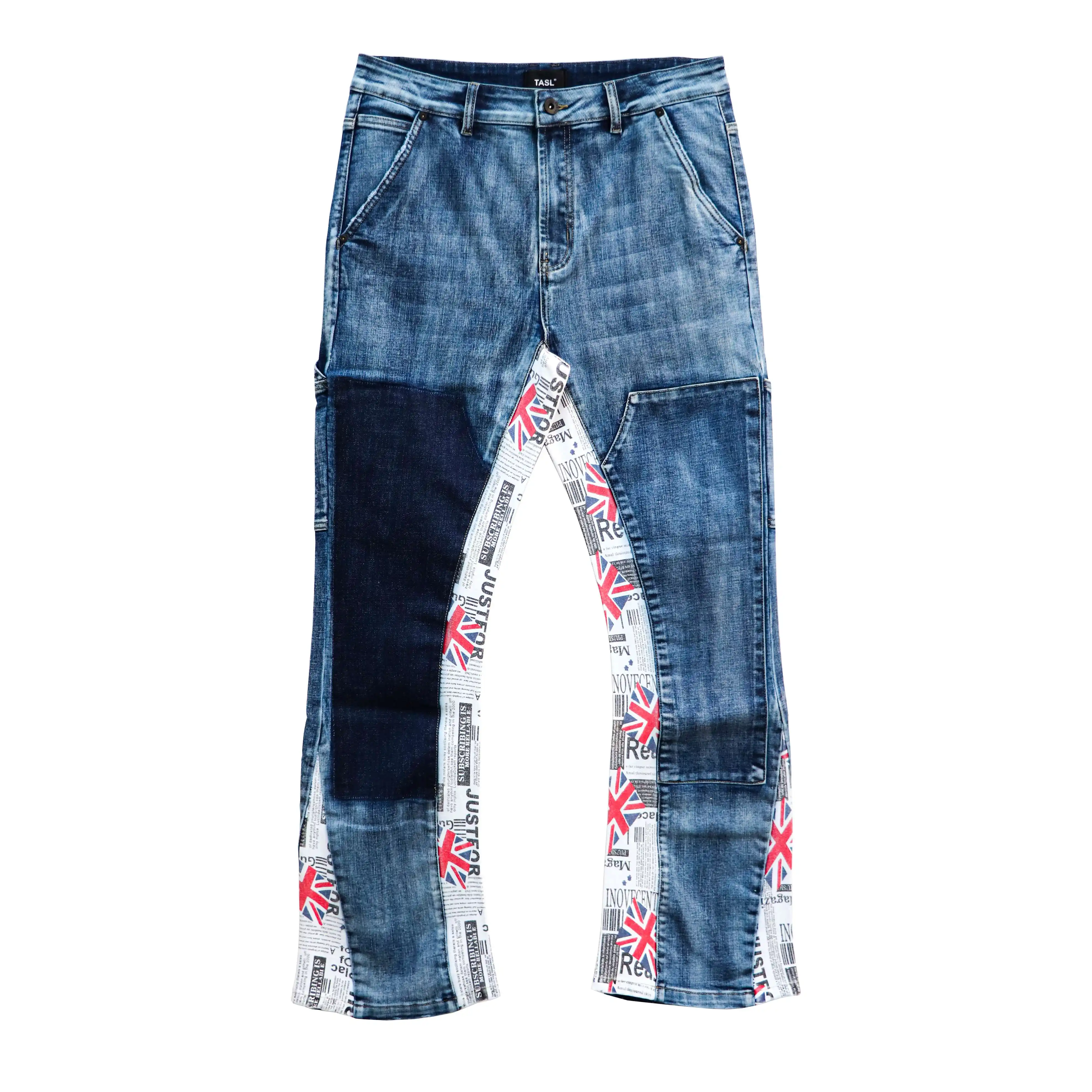 Custom Stitching Decoration Blue Washed Denim Jeans Street Style Hip Hop Trend Loose Baggy Jeans For Man