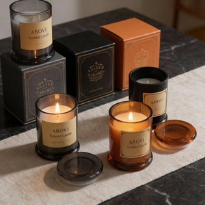 Candela Arovi in Cera di Soia Premium, Lussuosa e Semplice, in Barattolo di Vetro Marrone e Nero, Logo Personalizzato, Decorazione Vintage per la <span class=keywords><strong>Casa</strong></span> - Product Image 3