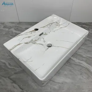 Modern stil kolay temizlenebilir sırlı dikdörtgen banyo seramik tezgah lavabosu beyaz mermer el lavabo