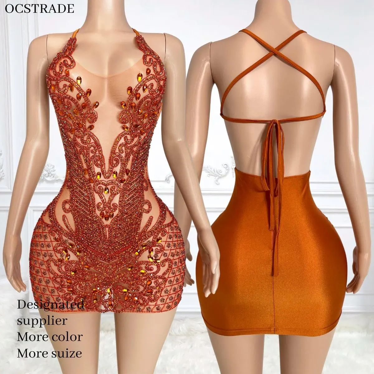 Ocstrade-Vestido de fiesta naranja de alta calidad para mujer, vestido informal ajustado con cristales brillantes y cuello Halter