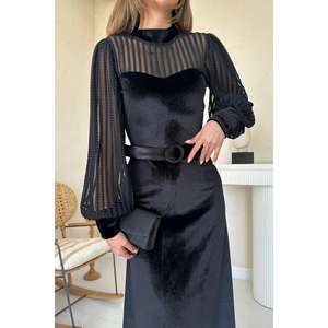 Elegante Vestido Tubo de Terciopelo Negro con Cuello Alto y Capa Transparente, Cintura Natural, para Eventos Nocturnos - Product Image 1