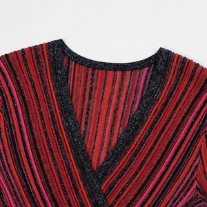 Women's Striped Sparkle Knit Dress, Custom <b>Red</b> V Neck Long Sleeve Bodycon Maxi Dress Sweater, Wholesale Evening Sweater - Product Image 3
