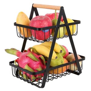 Supermarket & Home Display <b>Rack</b> for Vegetables & Fruits Practical Metal <b>Wire</b> <b>Shelves</b> with Wooden Handle Metal Baskets - Product Image 1