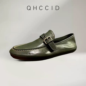 Qhccid Green Leather Loafers With Metal Buckles <b>Slip</b> <b>On</b> Soft Sole Low Heel Men's Shoes - Product Image 3