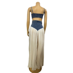 เสื้อกล้ามคอวีมีสายคล้องคอของผู้หญิงขายดีกางเกงผ้าชิฟฟ่อนมีจีบ2ชุดแฟชั่น - Product Image 3