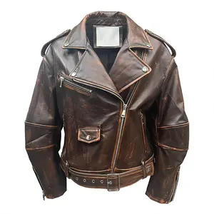 Custom Vintage Cropped Motorcycle Leather Coat Women Distressed Genuine Cowhide Leather Jackets with Zippers