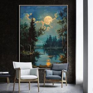 Pintura Abstracta de Paisaje Nocturno con Luna, Bosque y Lago, para Hogar y Galería - Product Image 3