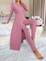 Conjunto de Dos Piezas de Punto Acanalado para Mujer, Top Túnica de Manga Larga con Cuello Redondo y Abertura Lateral, Pantalones Anchos, Atuendo Informal para Descansar