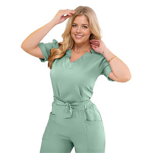Tenues d'hôpital pour femmes, ensembles d'uniformes infirmiers, blouses courtes à col en V, imprimées, en tissu tissé, Spandex/Polyester, respirantes - Product Image 3