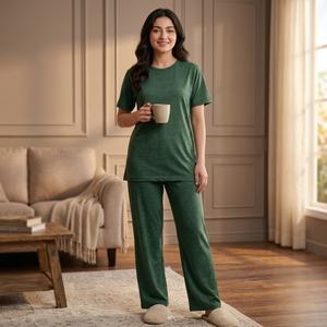 Cozy Spring Green Fluid Knit Women's Neck Short Sleeve Pajama's Set Custom Logo Elastic Waist Drawstring Soft Spandex Woolen - Product Image 2