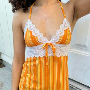 2026 Summer Striped Colorblock Lace Trim V-Neck Slimming High Waist <b>Tie</b> Front Halter Cami Top Breathable Casual for Women - Product Image 1
