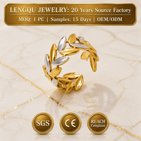 Bague ouverte anti-allergie en acier inoxydable plaqué or 18 carats, bicolore, motif feuille, avec pierres de synthèse serties en canal, motif branche d'olivier, pour femme