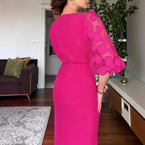 Robe élégante pour femmes, fine, <span class=keywords><strong>rose</strong></span>, automne, à pois, appliquée, manches lanternes en maille, cintrée à la taille, robe de bureau pour femmes - Product Image 3