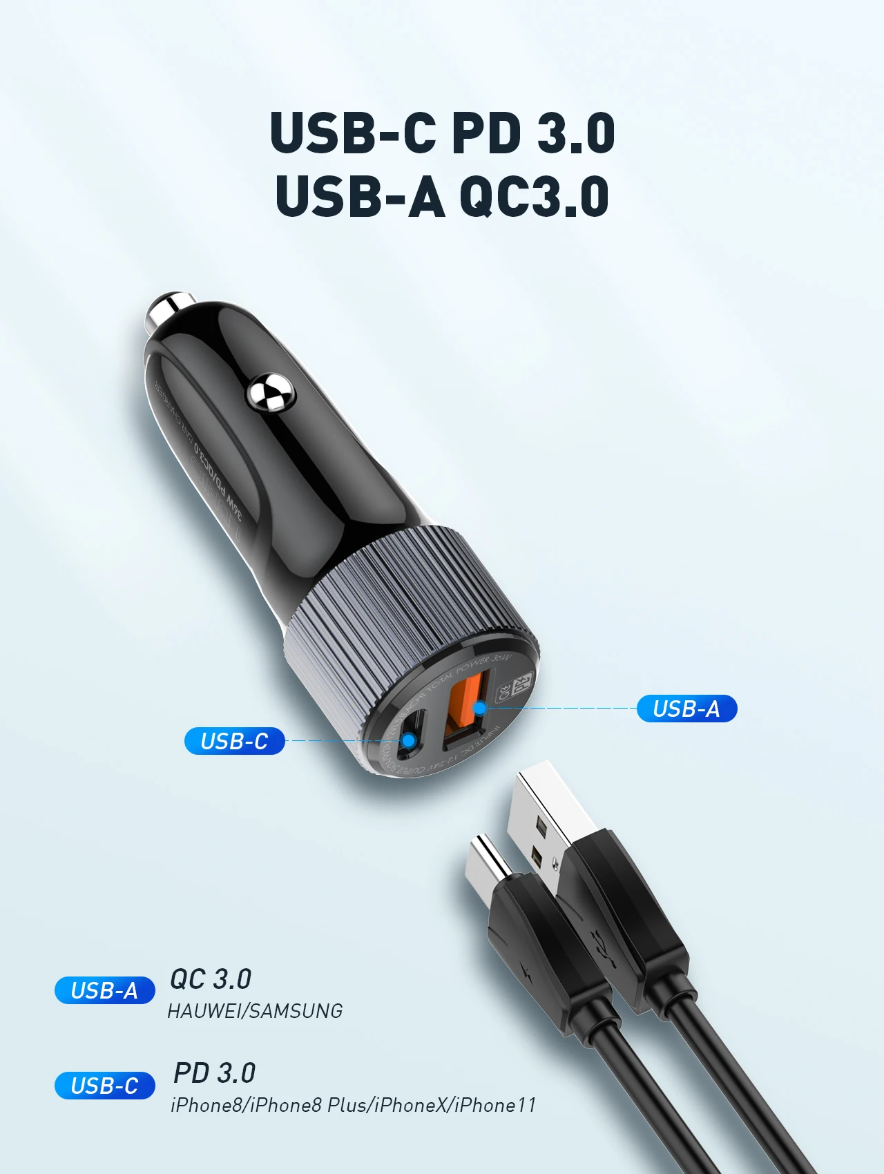 LDNIO C510Q USB C Fast Car Charger 36W PD+QC3.0 Fast Charging in Car charger Dual Port USB Car Charger