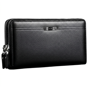 Foere Black Leather Clutch <b>Zip</b> Around <b>Wallet</b> with Dual Zippers and Silver Pull Tab Model A24 - Product Image 1