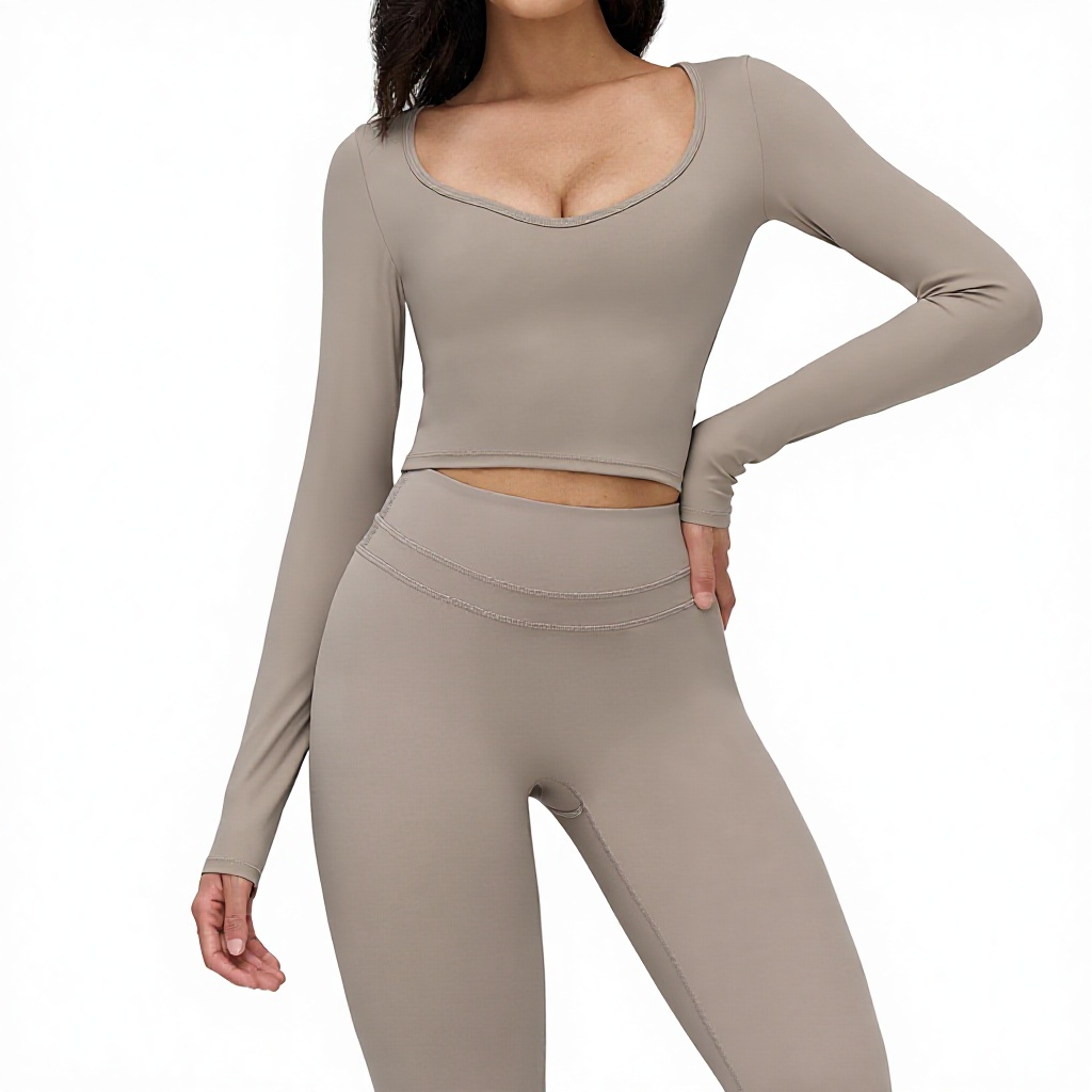 Cross-Border Brushed Women's Yoga Long-Sleeve V-Neck Sweat-Wicking Spandex/Nylon Solid T-Shirt Tight-Fit Casual Outdoor Top